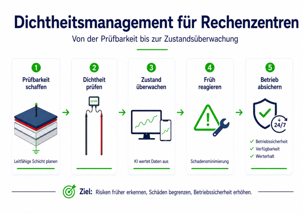 Grafik zum Dichtheitsmanagement f&uuml;r Rechenzentren: 1.Schritt Pr&uuml;fbarkeit schaffen, 2. Schritt Dichtheit pr&uuml;fen, 3. Schritt Zustand &uuml;berwachen, 4. Schritt fr&uuml;h reagieren, 5. Schritt Betrieb absichern.
