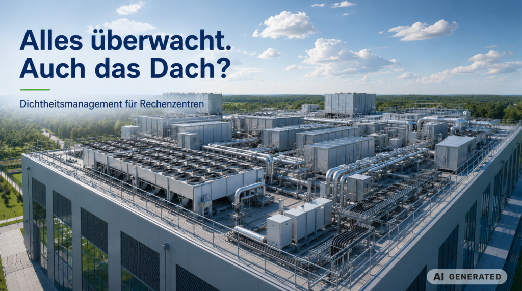 &Uuml;berwachtes Flachdach eines Rechenzentrums mit dauerhafter Dichtheitskontrolle statt reiner Sichtpr&uuml;fung.