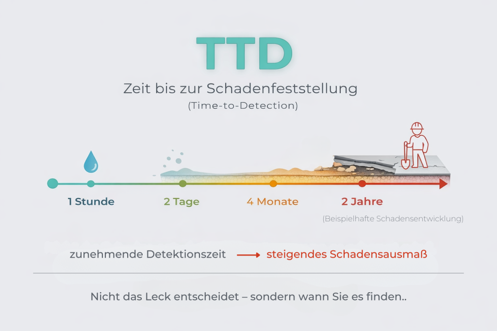 Schema zur Time-to-Detection bei Flachd&auml;chern: fr&uuml;he Schadenserkennung reduziert Folgekosten und Sanierungsumfang.