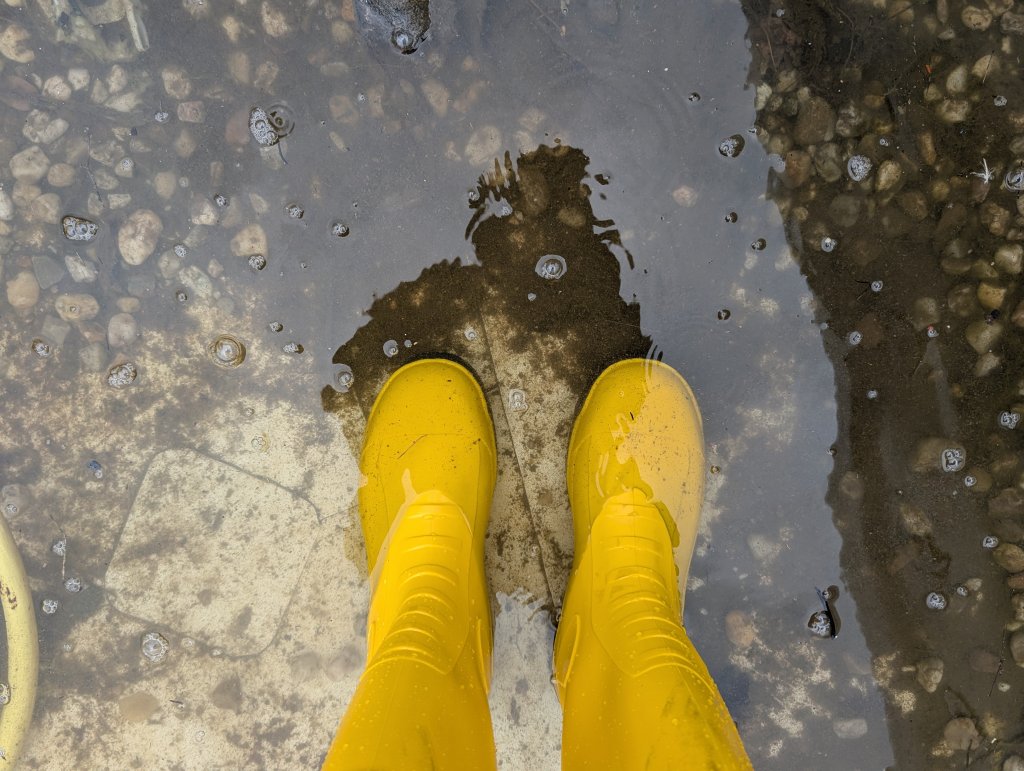 Regenstiefel im Wasser stehend auf dem Flachdach bei der Leckageortung.