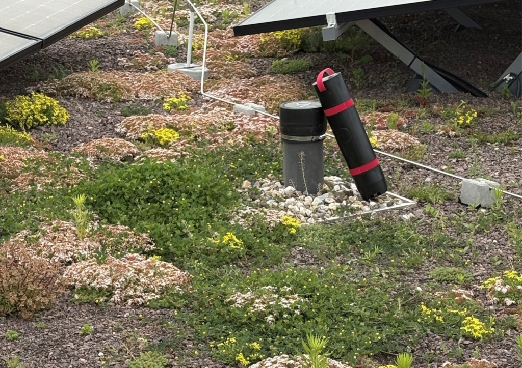Ein begr&uuml;ntes Flachdach mit einer PV Anlage wird mithilfe eines Sensors dauerhaft &uuml;berwacht.